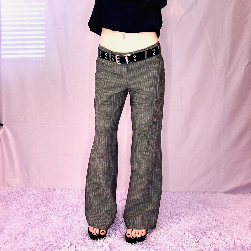 Y2K Low Rise Grey Pinstripe Flare Trousers | Office Siren / Off Duty Model